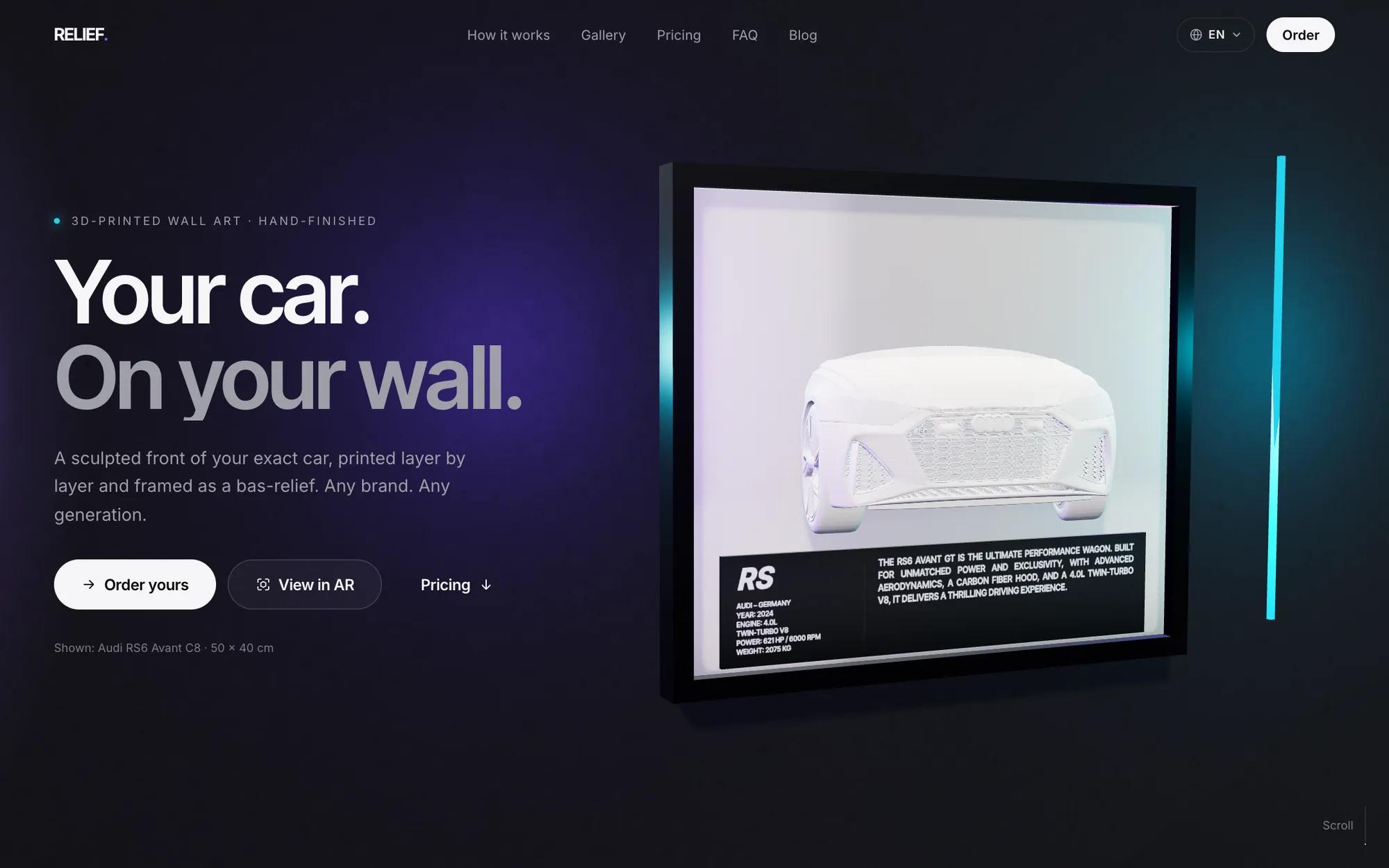 RELIEF site, first screen: the relief of an Audi RS6 in its frame