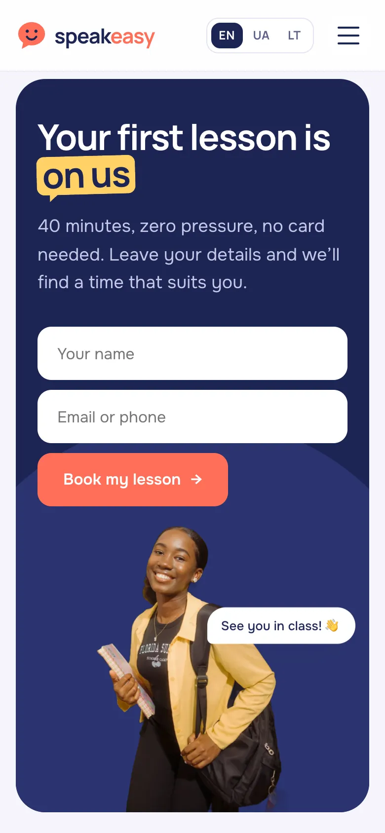 Booking a free lesson on a phone